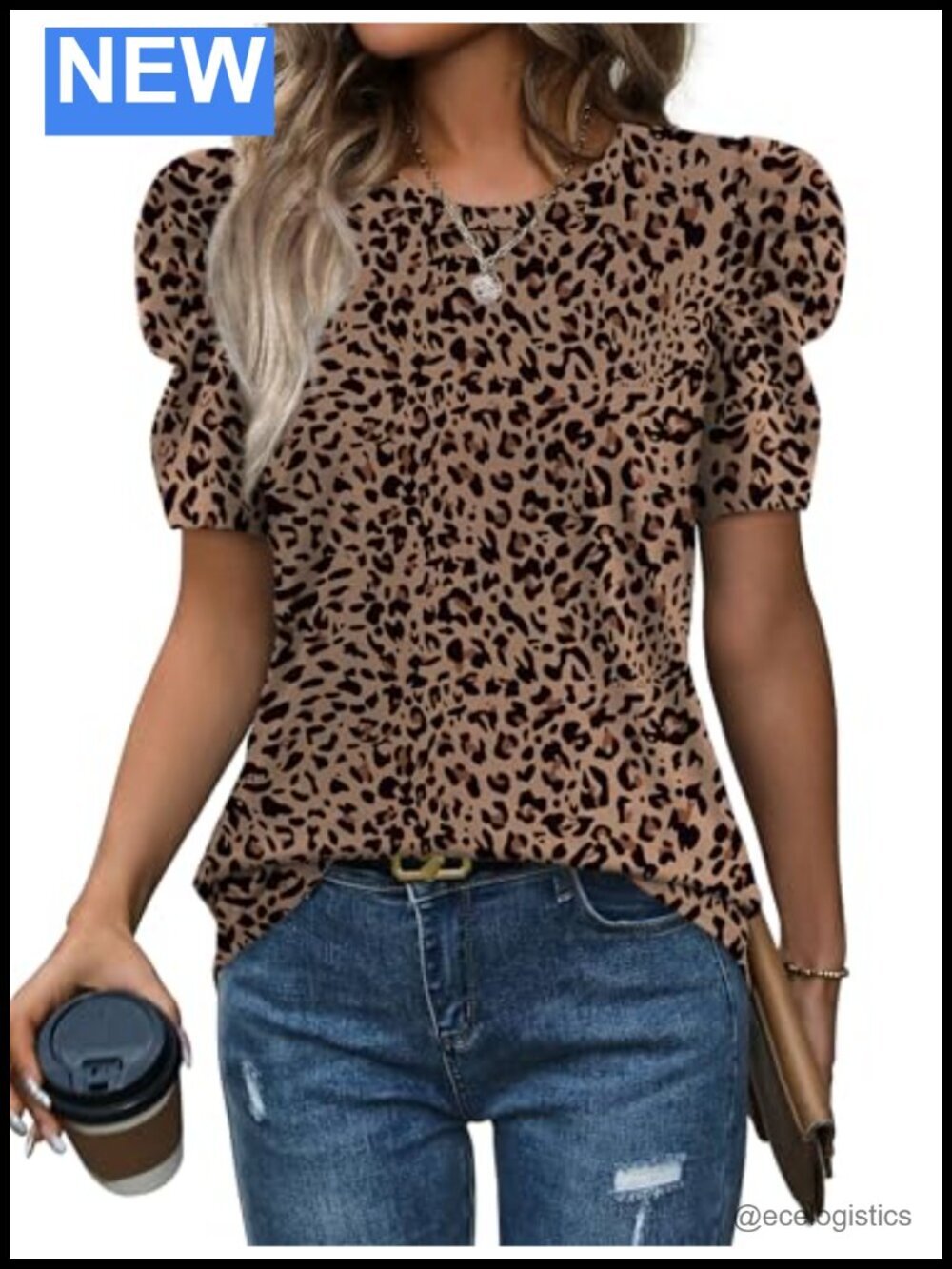 Puff Sleeve Crewneck T-Shirt Women Dressy Casual Blouse Summer Top